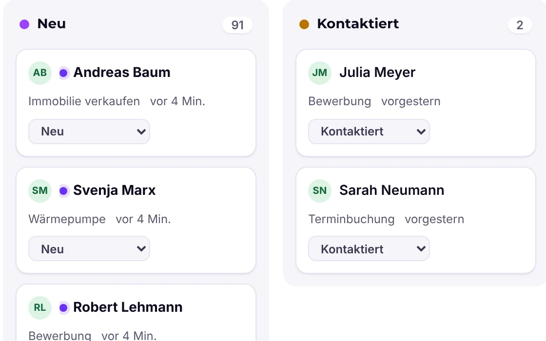Entries as a board with columns by lead status