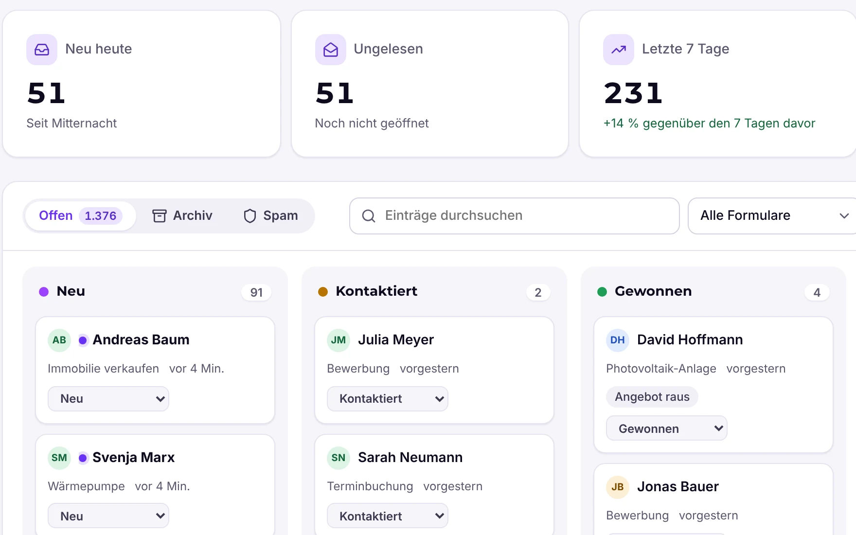 Entries as a board with columns by lead status
