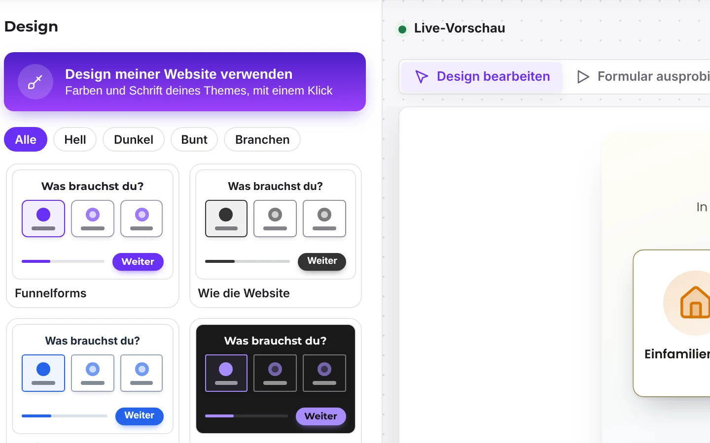 Design settings with live preview of the form