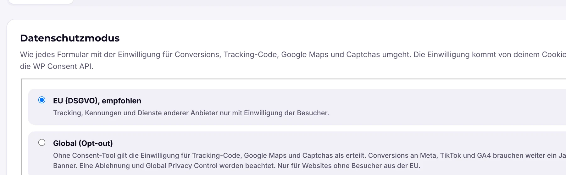 Einstellungen mit Datenschutzmodus EU und Global
