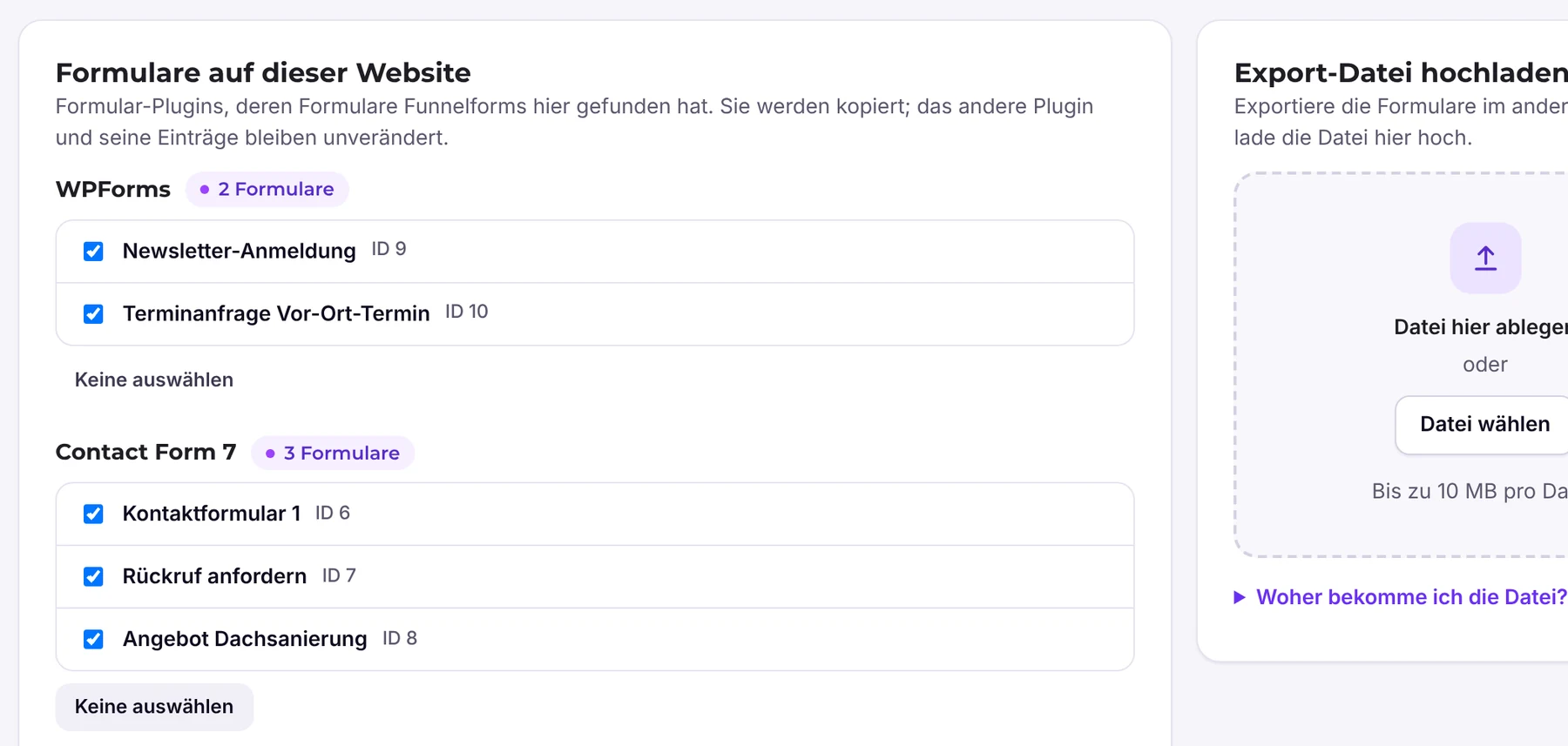 Import aus anderen Plugins mit gefundenen Formularen
