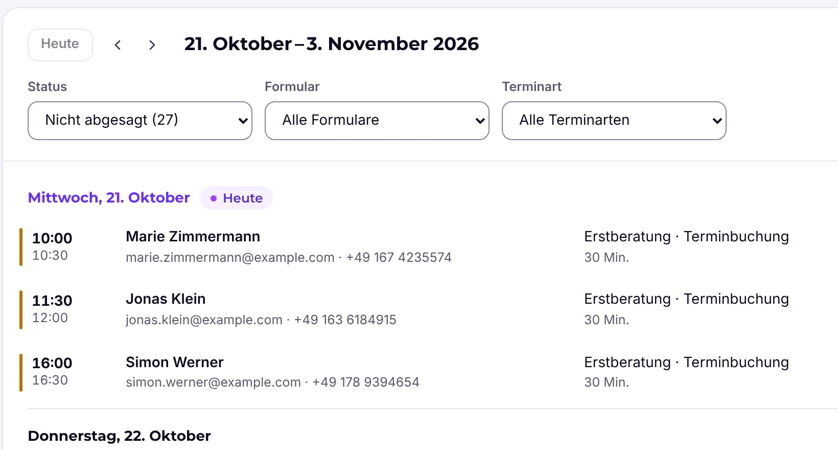 List of booked appointments with status