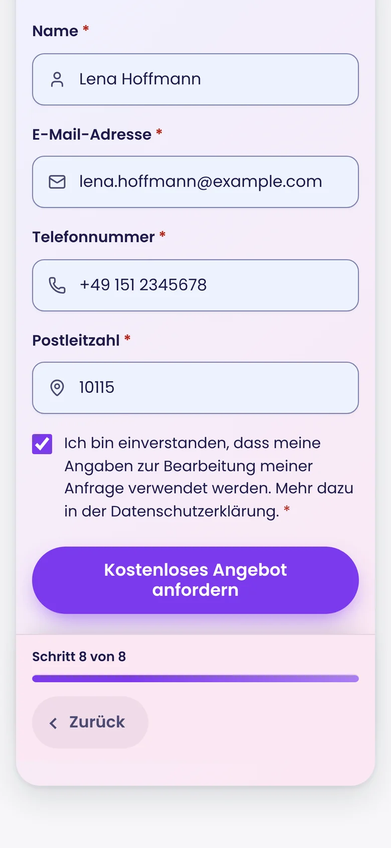 Contact step on a phone with consent and send button