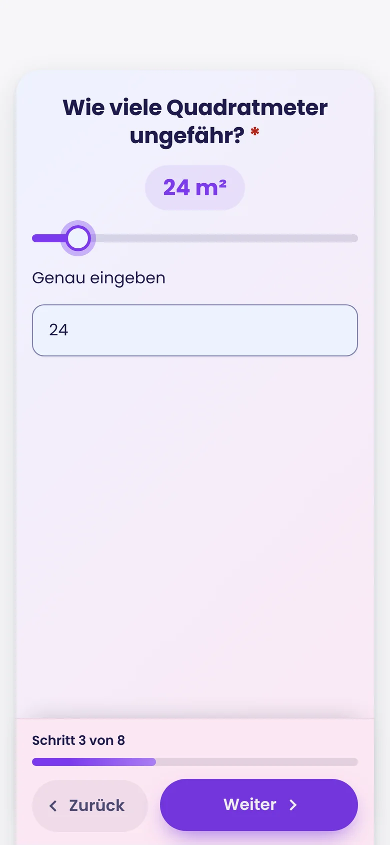 Form on a phone with a slider for the area